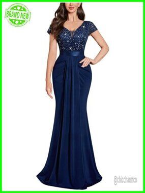 Lace Sequin Pleated V-Neck Formal Evening Maxi Dress